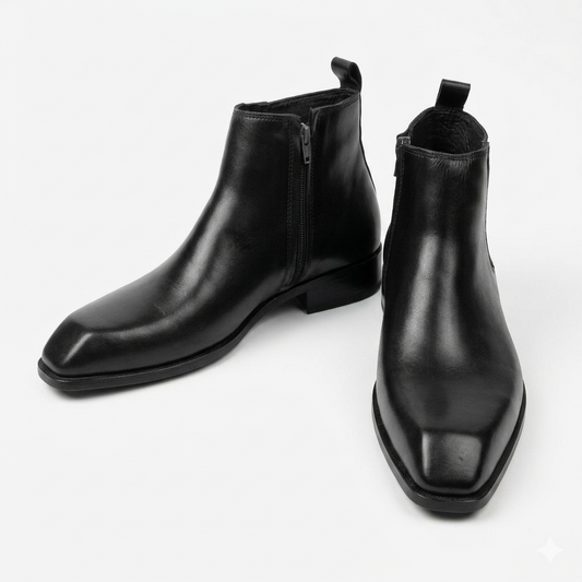 Italian Cut Down Toe Leather Chelsea - Side Zip - Black