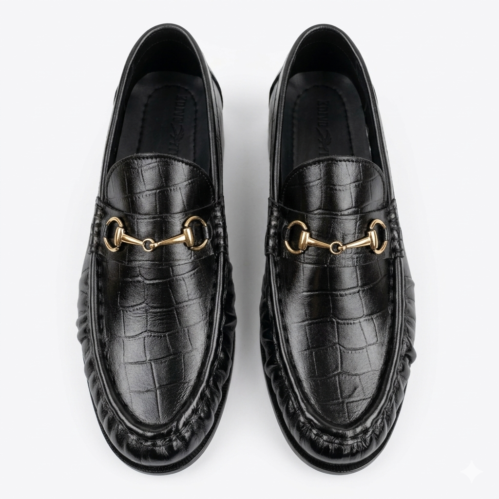Leather Croc Horsebit Loafers - Black