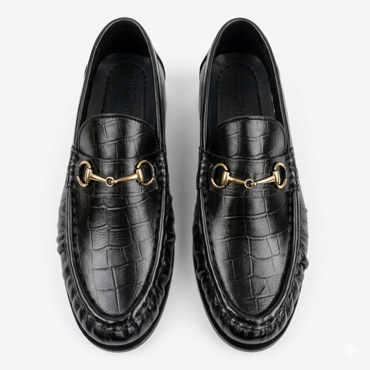 Leather Croc Horsebit Vintage Loafers - Black