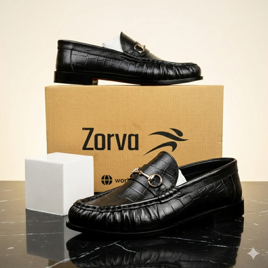 Leather Croc Horsebit Loafers - Black