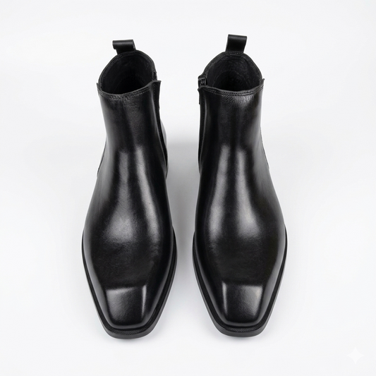 Italian Cut Down Toe Leather Chelsea - Side Zip - Black