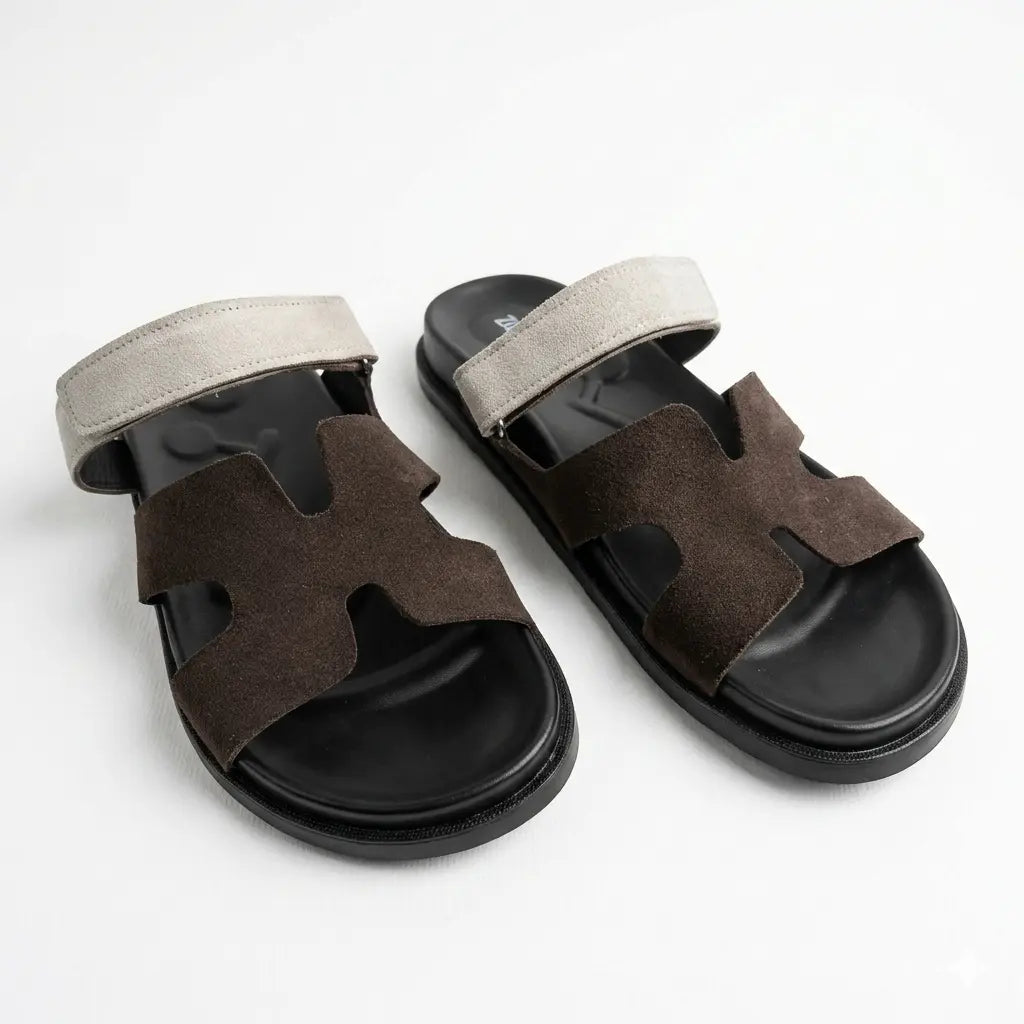 Medicated Suede Leather Stealth Sandals - Beige & Brown