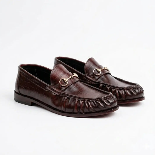 Leather Croc Horsebit Vintage Loafers - Burgundy