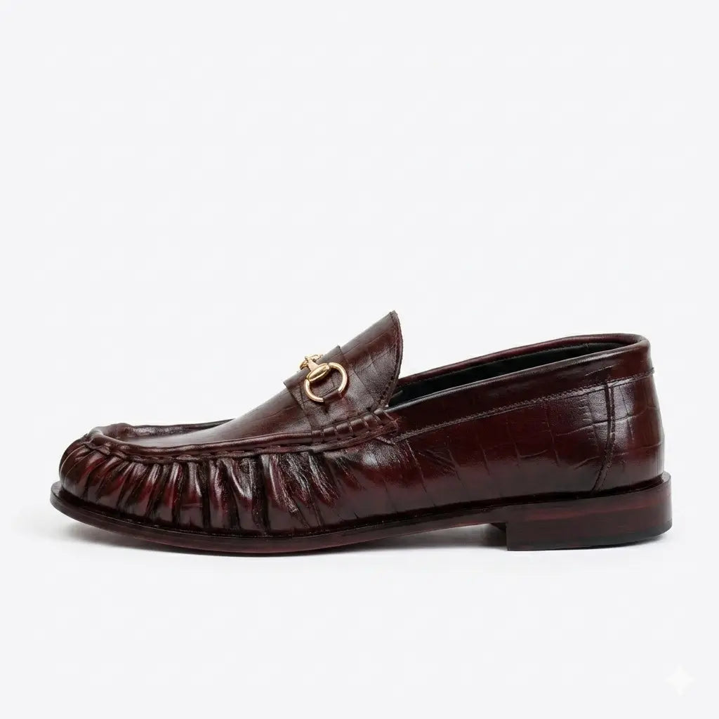 Leather Croc Horsebit Vintage Loafers - Burgundy