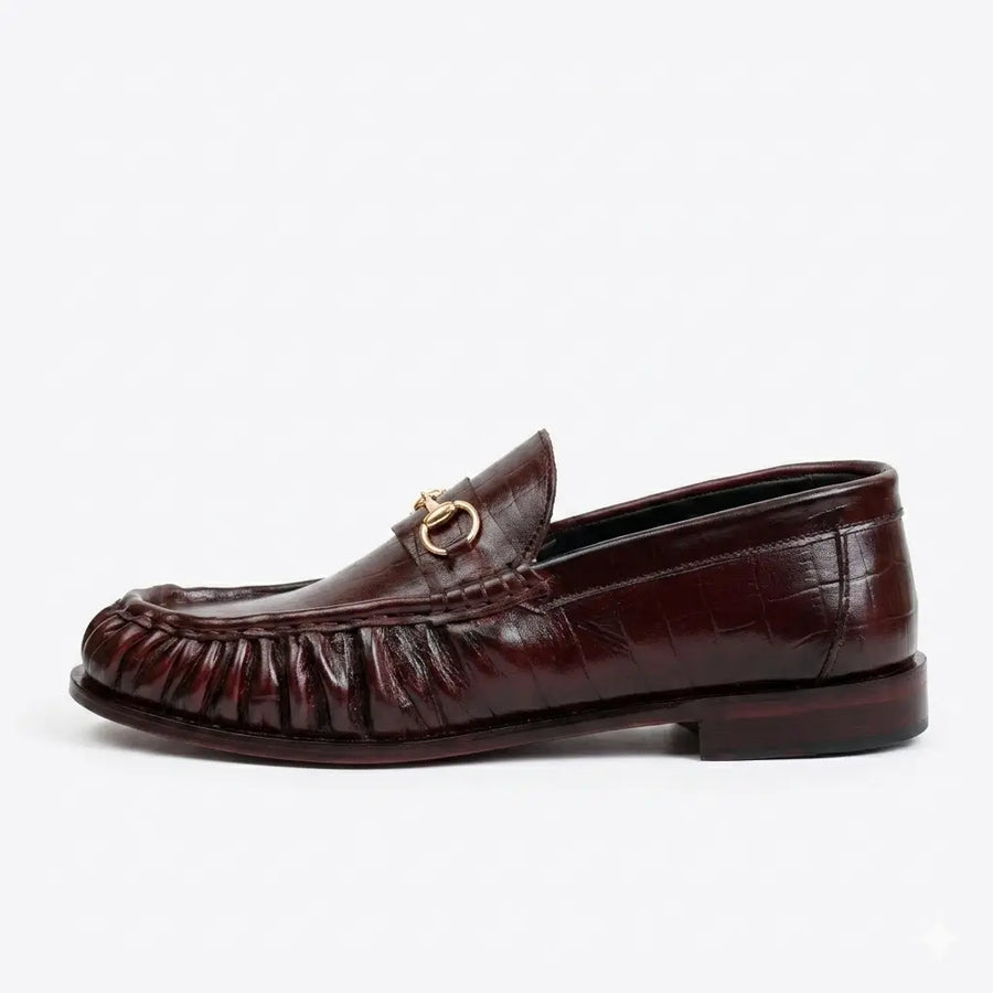 Leather Croc Horsebit Vintage Loafers - Burgundy
