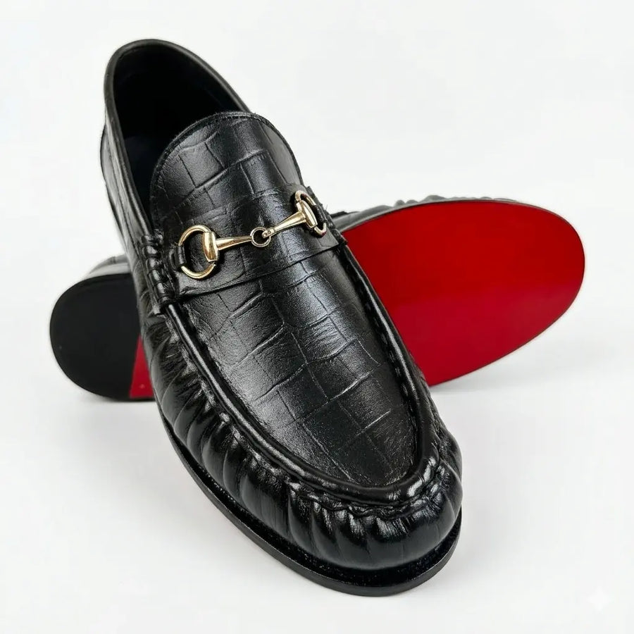 Leather Croc Horsebit Vintage Loafers - Black