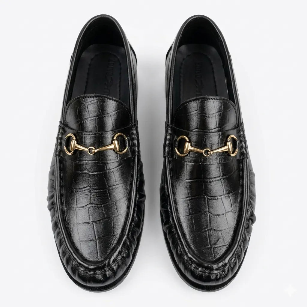 Leather Croc Horsebit Vintage Loafers - Black