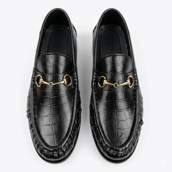 Leather Croc Horsebit Vintage Loafers - Black