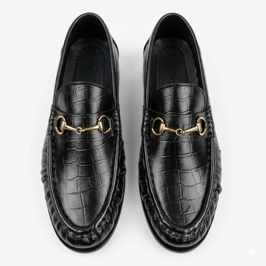 Leather Croc Horsebit Vintage Loafers - Black