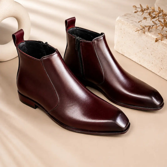 Italian Cut Down Toe Leather Chelsea - Side Zip - Burgundy