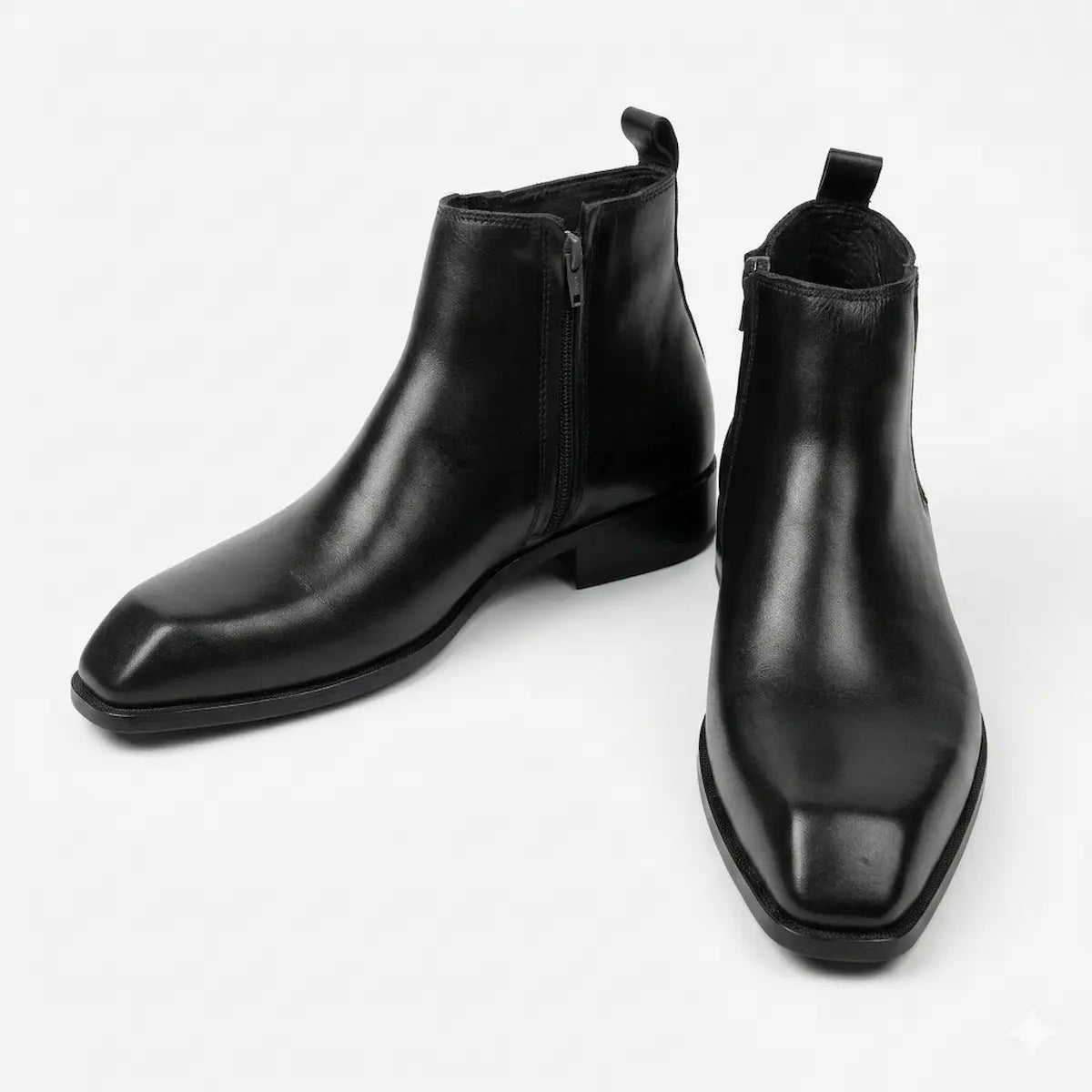 Italian Cut Down Toe Leather Chelsea - Side Zip - Black