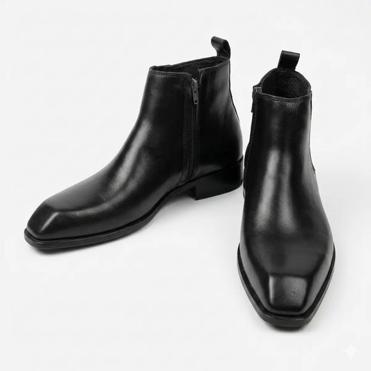 Italian Cut Down Toe Leather Chelsea - Side Zip - Black