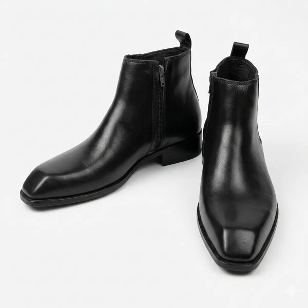 Italian Cut Down Toe Leather Chelsea - Side Zip - Black