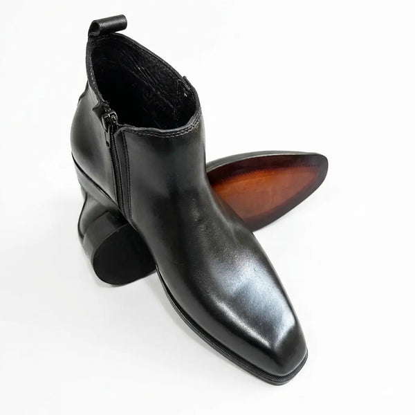 Italian Cut Down Toe Leather Chelsea - Side Zip - Black