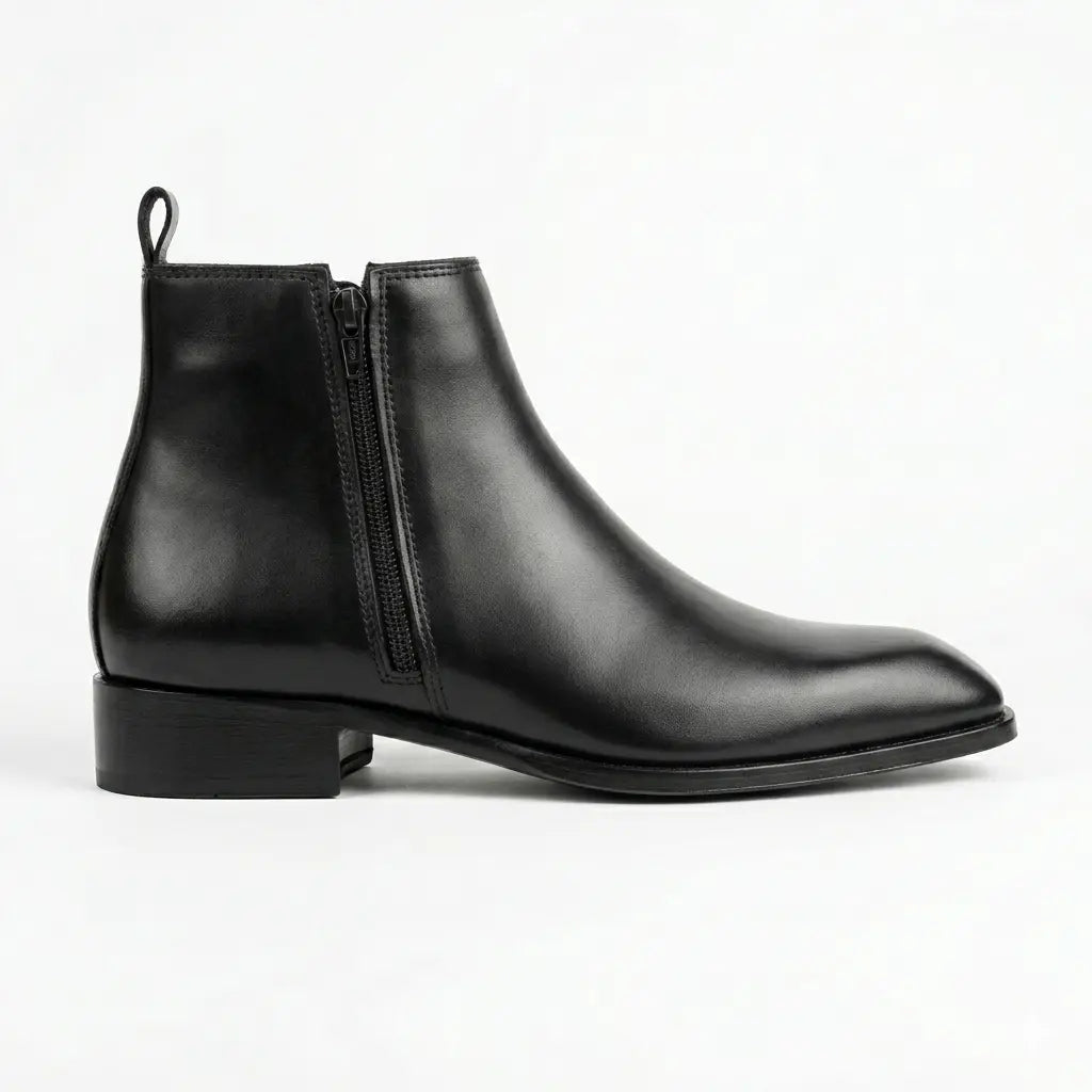 Italian Cut Down Toe Leather Chelsea - Side Zip - Black