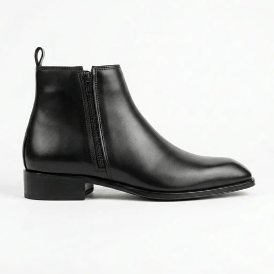 Italian Cut Down Toe Leather Chelsea - Side Zip - Black