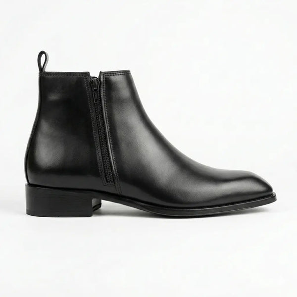 Italian Cut Down Toe Leather Chelsea - Side Zip - Black