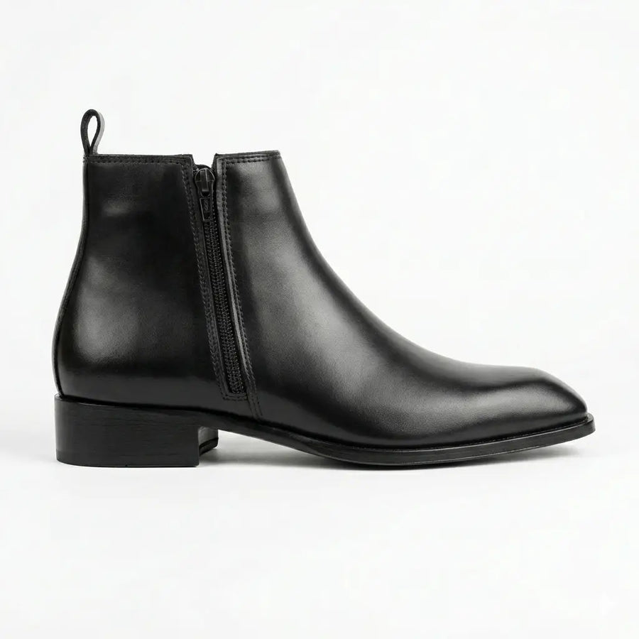 Italian Cut Down Toe Leather Chelsea - Side Zip - Black