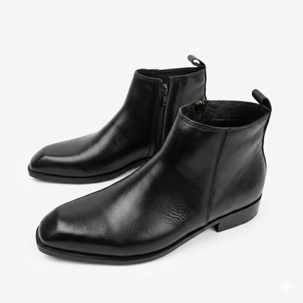 Italian Cut Down Toe Leather Chelsea - Side Zip - Black