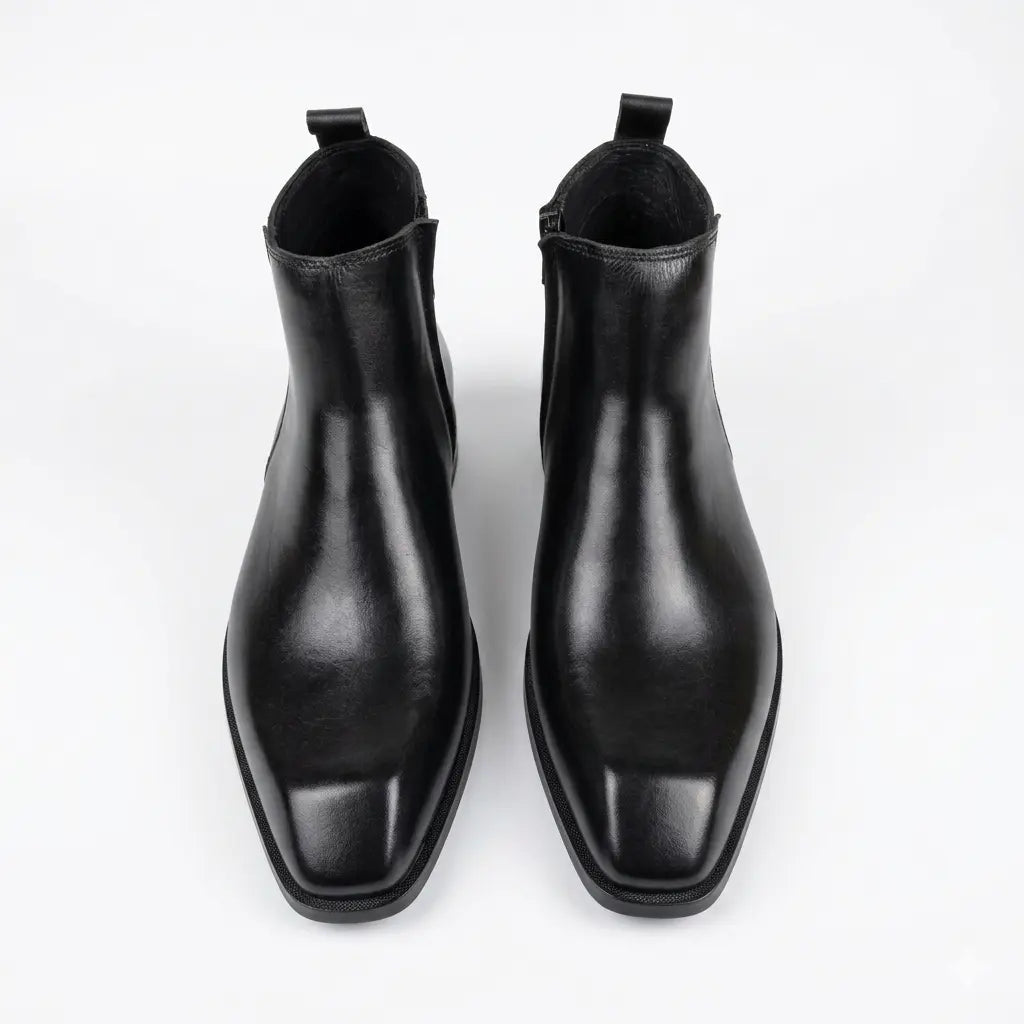 Italian Cut Down Toe Leather Chelsea - Side Zip - Black