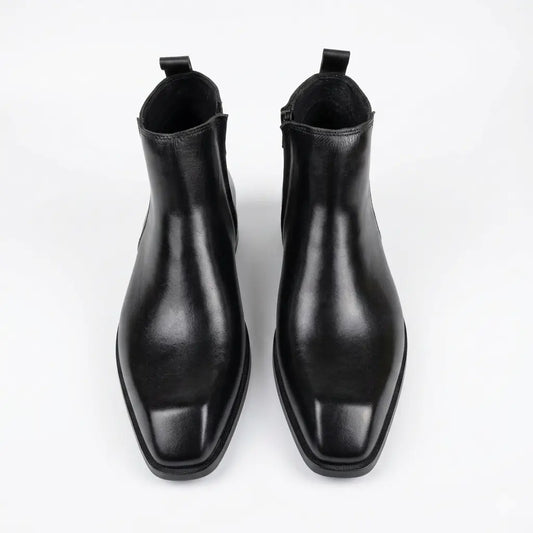Italian Cut Down Toe Leather Chelsea - Side Zip - Black