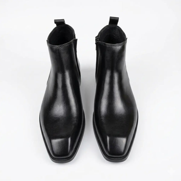 Italian Cut Down Toe Leather Chelsea - Side Zip - Black