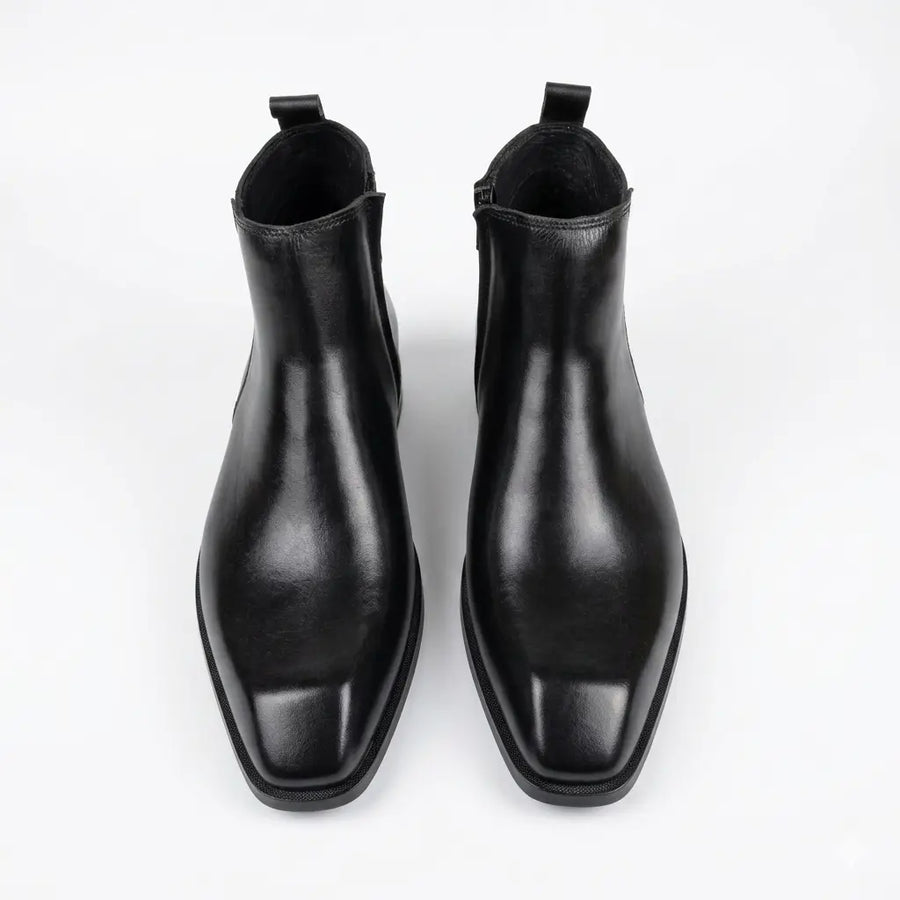 Italian Cut Down Toe Leather Chelsea - Side Zip - Black
