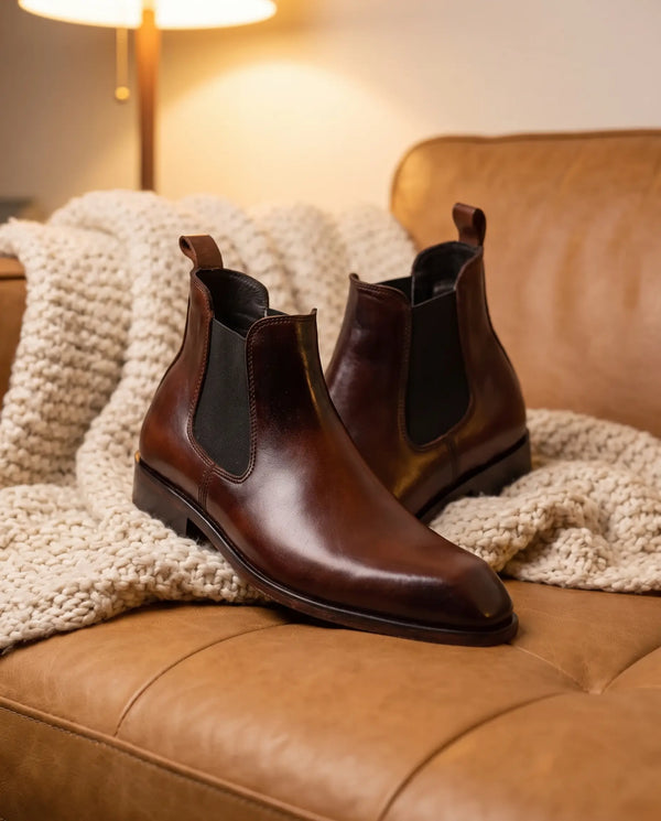 Italian Cut Down Toe Leather Chelsea - Brown
