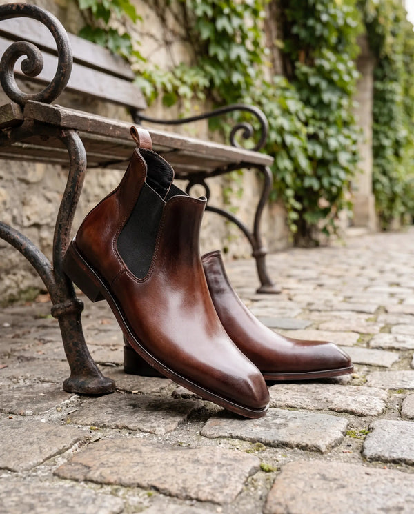 Italian Cut Down Toe Leather Chelsea - Brown
