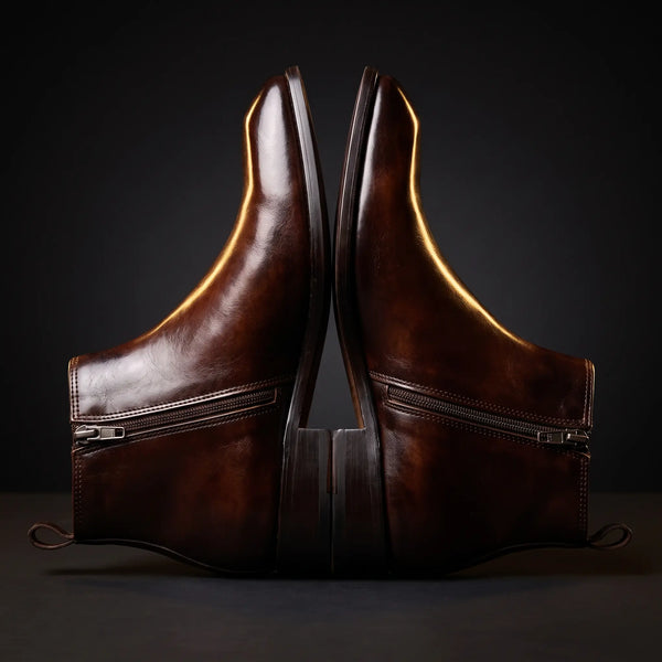 Italian Cut Down Toe Leather Chelsea - Side Zip - Brown