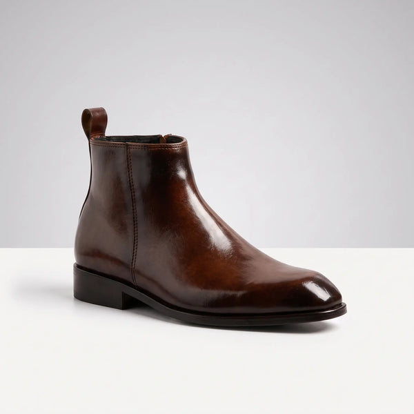 Italian Cut Down Toe Leather Chelsea - Side Zip - Brown