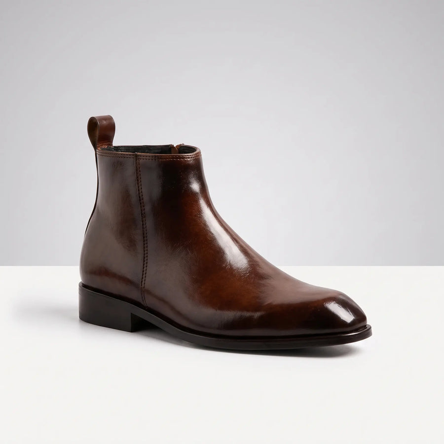 Italian Cut Down Toe Leather Chelsea - Side Zip - Brown