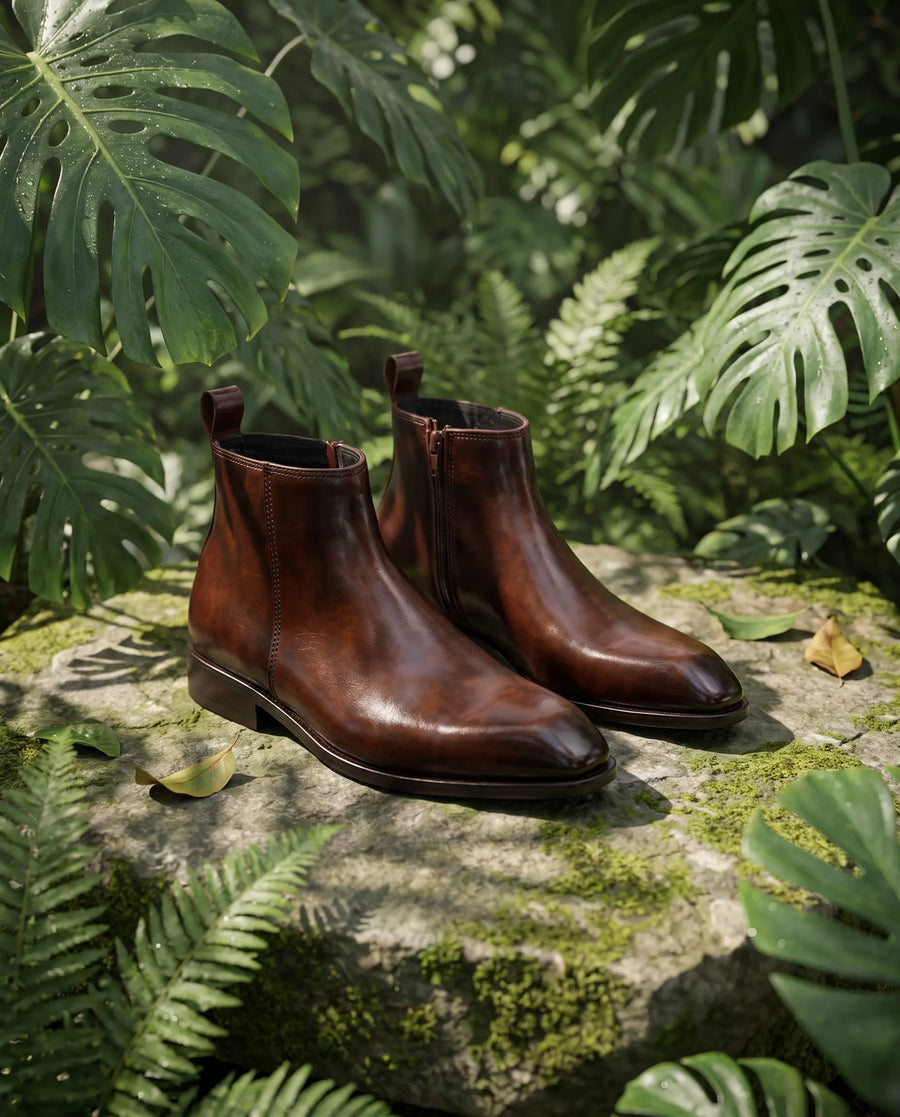Italian Cut Down Toe Leather Chelsea - Side Zip - Brown