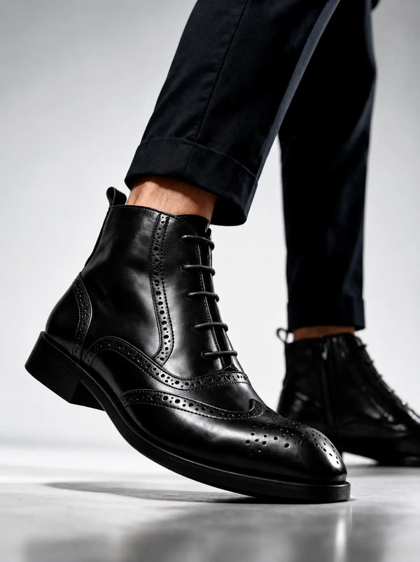 BROUGE Italian Cut Down Toe Chelsea - Laces & Side Zip - Black