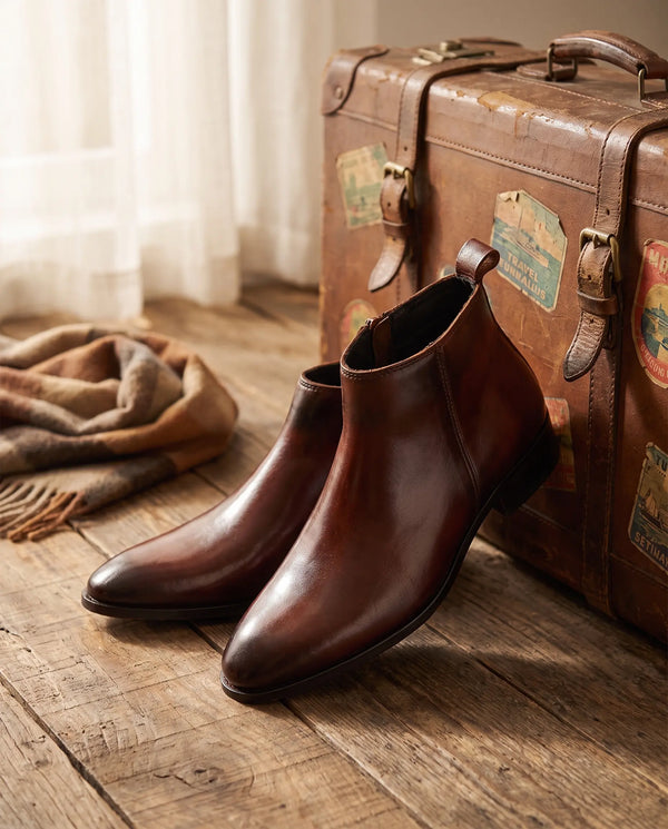 Two Inch Cuban Heel & Pointed Toe Leather Chelsea - Brown