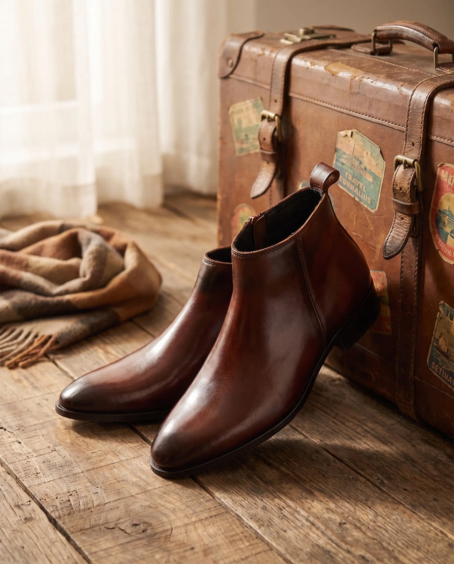 Two Inch Cuban Heel & Pointed Toe Leather Chelsea - Brown