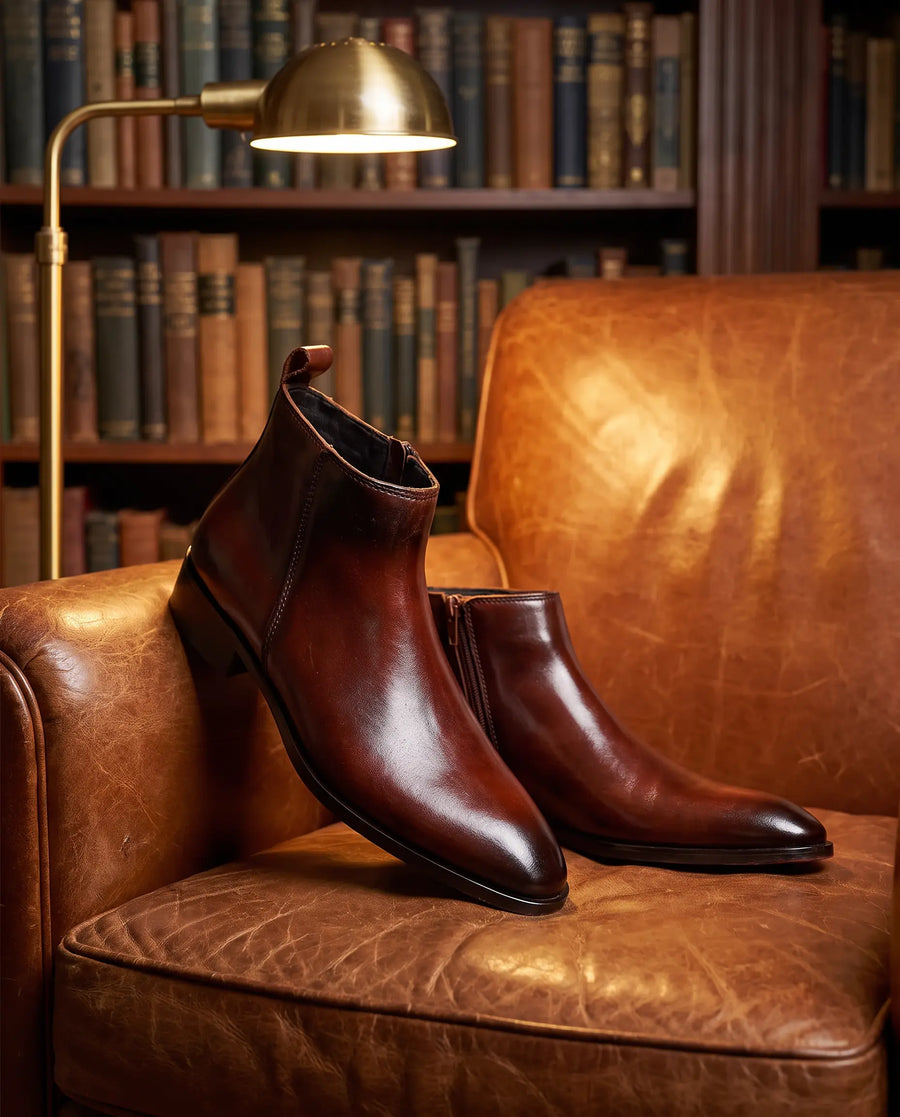 Two Inch Cuban Heel & Pointed Toe Leather Chelsea - Brown