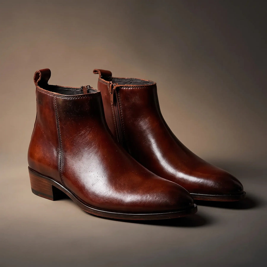 Two Inch Cuban Heel & Pointed Toe Leather Chelsea - Brown