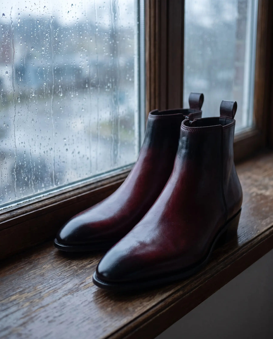 Two Inch Cuban Heel & Pointed Toe Leather Chelsea - Burgundy