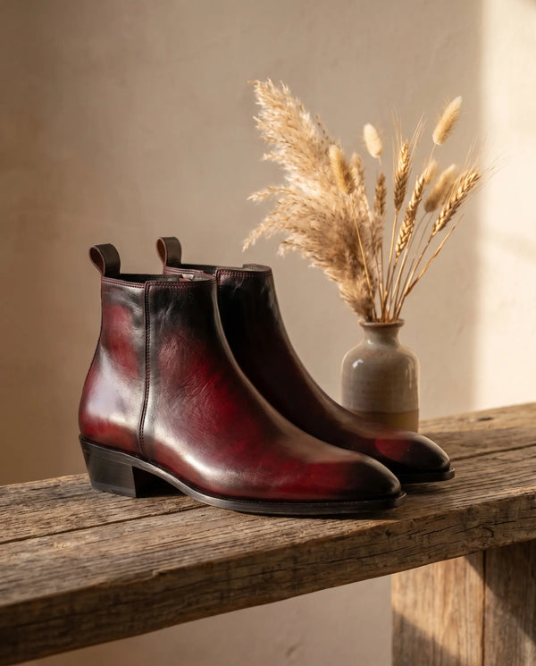 Two Inch Cuban Heel & Pointed Toe Leather Chelsea - Burgundy