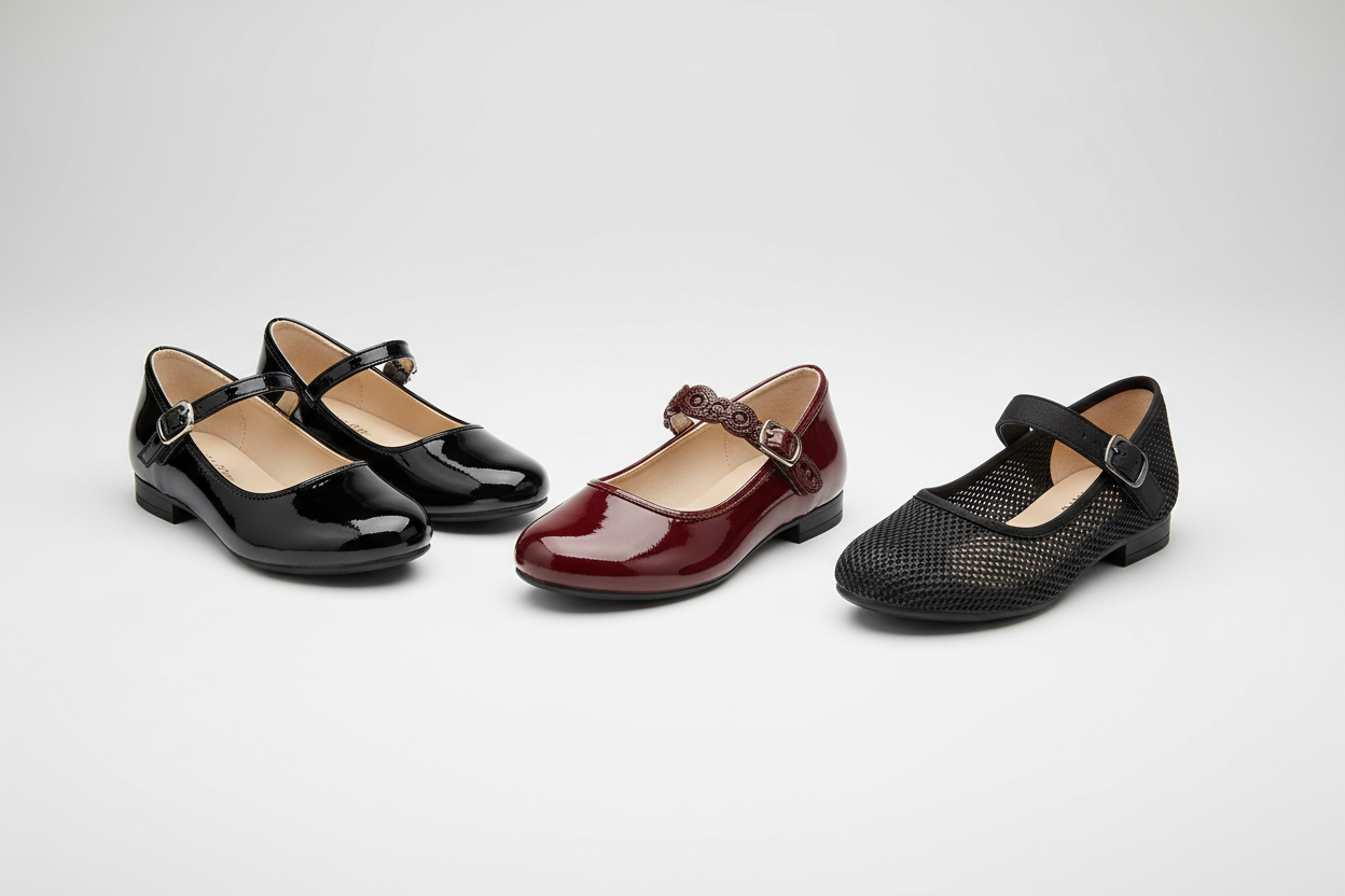 create 1600*550 image banner for website showing girls shoes mary janes, black shiny, maroon shiny and black mesh, very good quality and studio shoot look