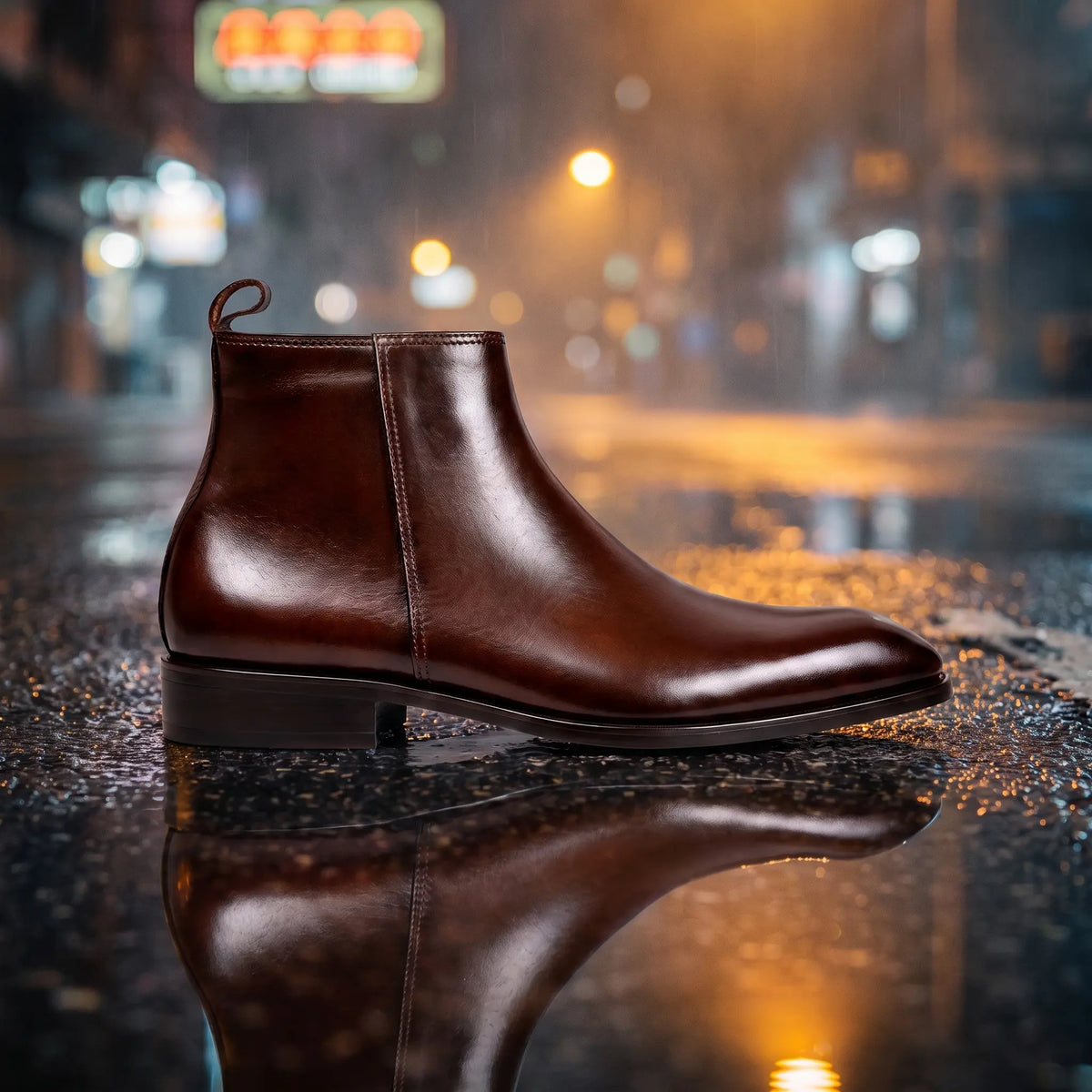 Italian Cut Down Toe Leather Chelsea - Side Zip - Brown