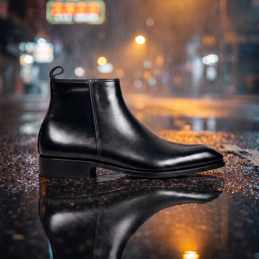 Italian Cut Down Toe Leather Chelsea - Side Zip - Black