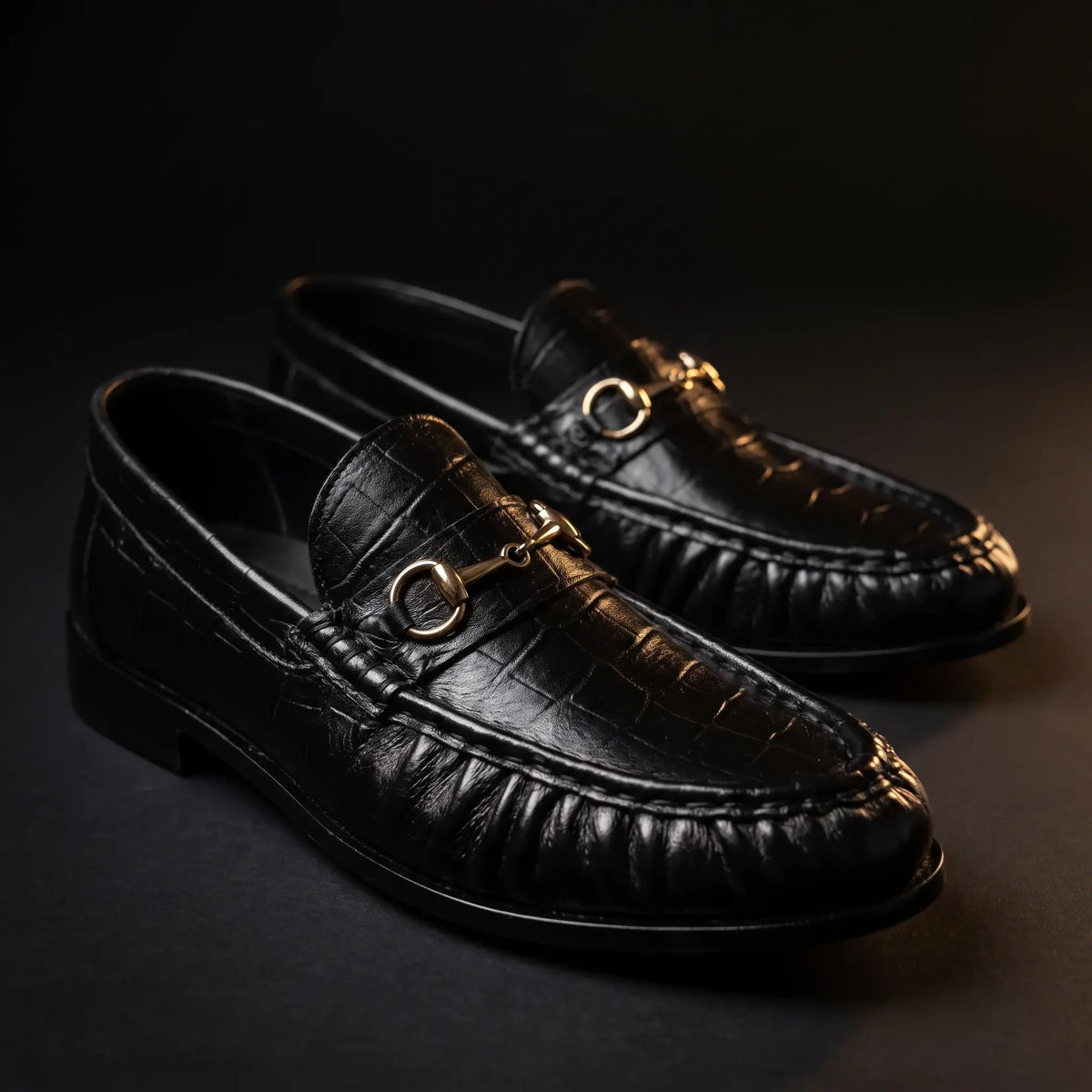 Leather Croc Horsebit Vintage Loafers - Black