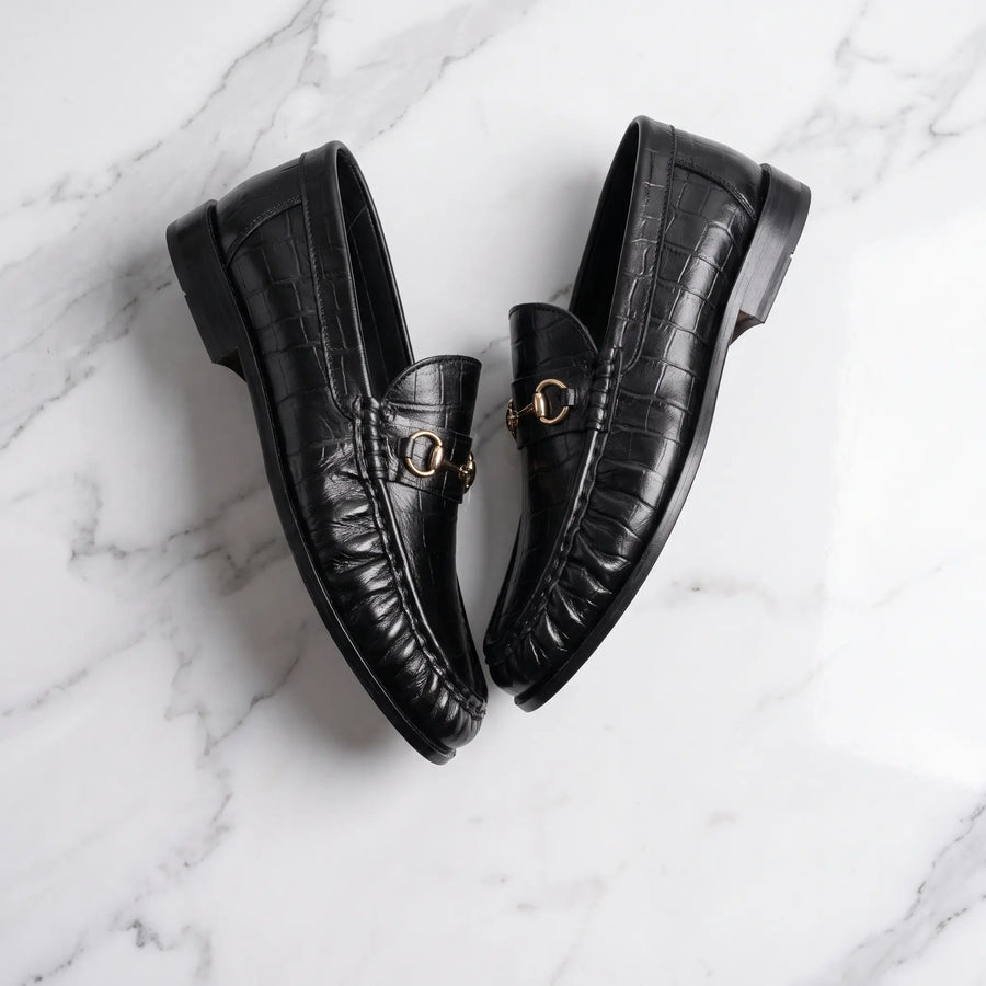 Leather Croc Horsebit Vintage Loafers - Black