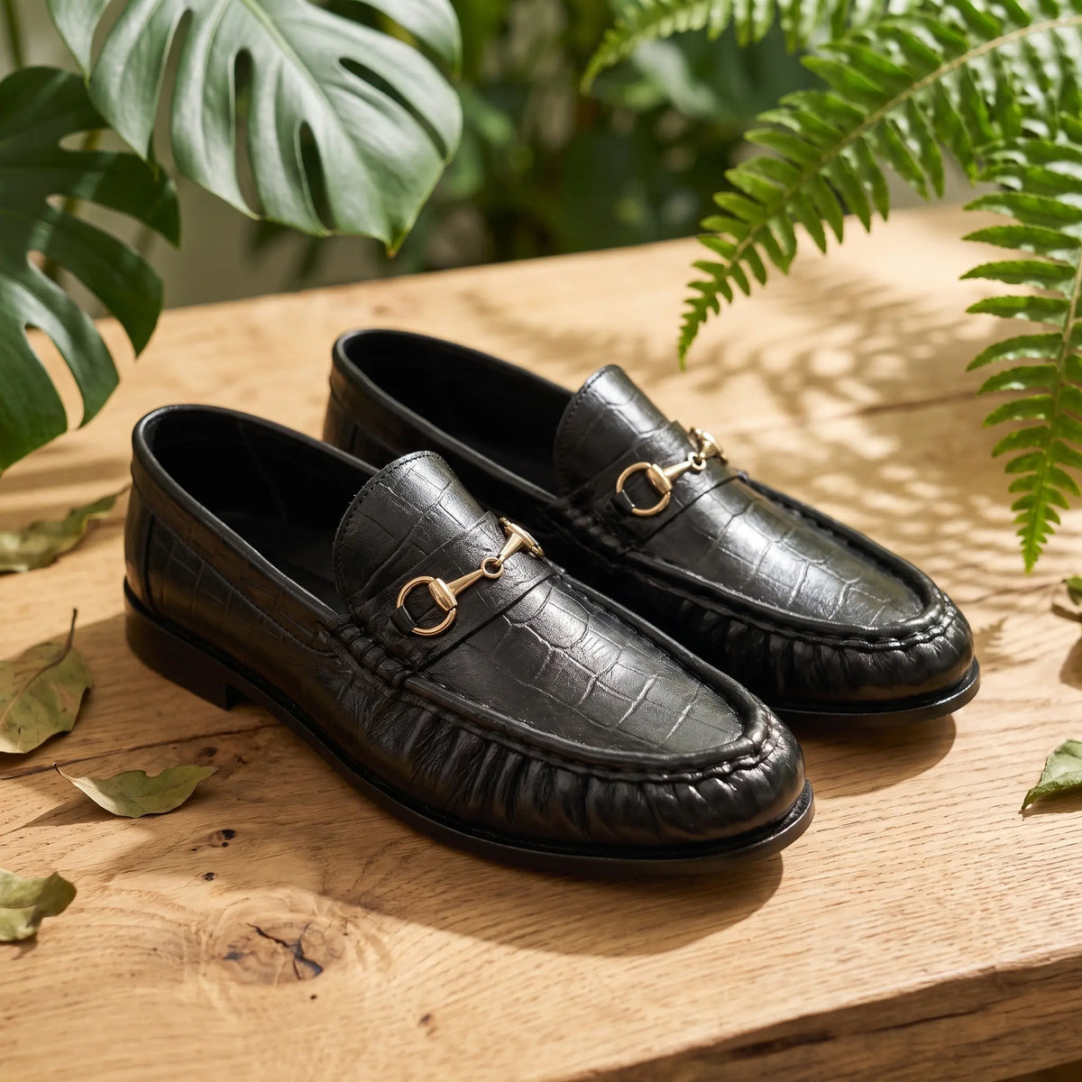Leather Croc Horsebit Vintage Loafers - Black