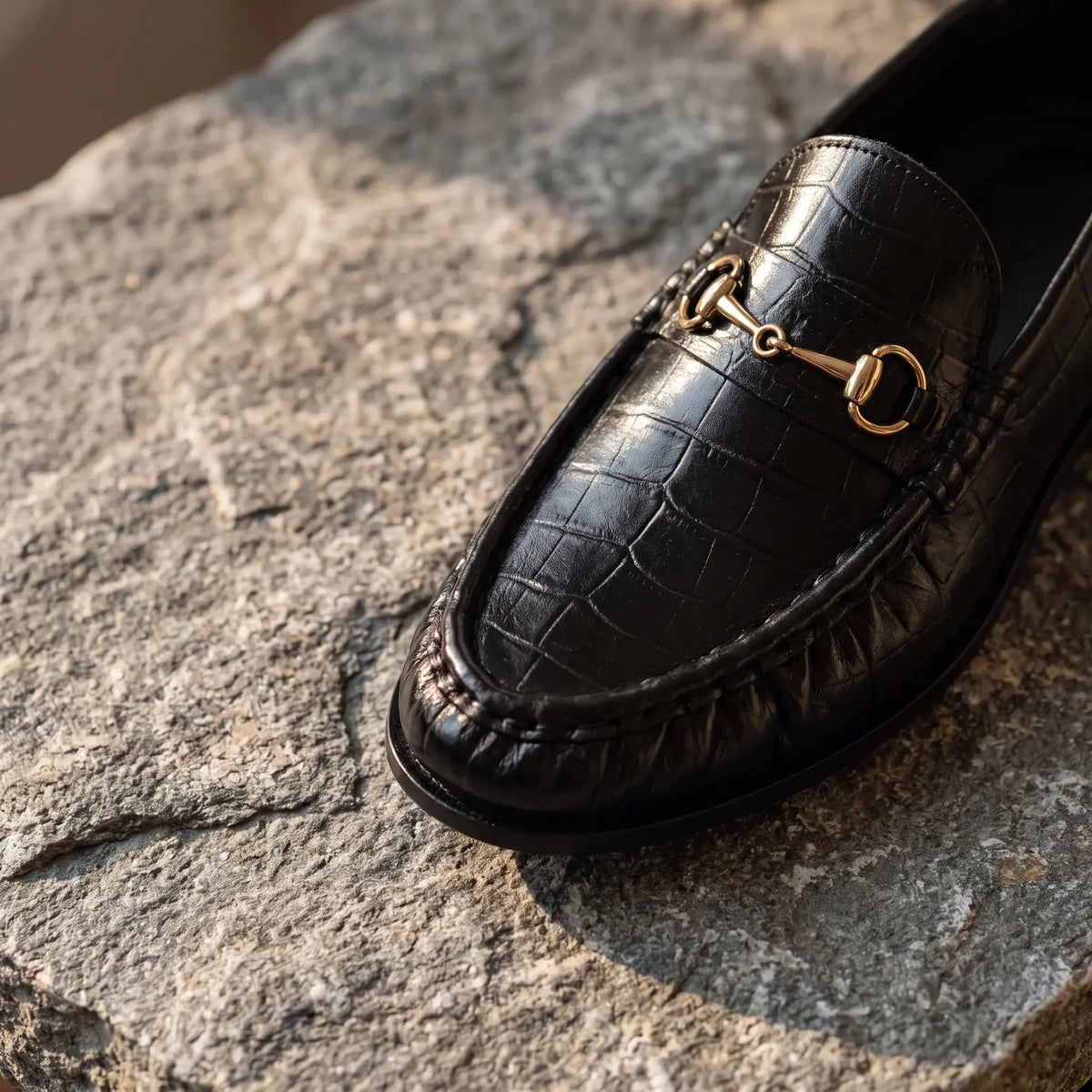 Leather Croc Horsebit Vintage Loafers - Black
