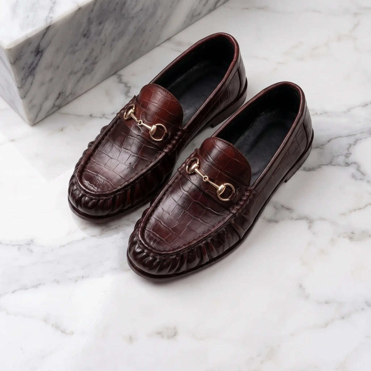 Leather Croc Horsebit Vintage Loafers - Burgundy