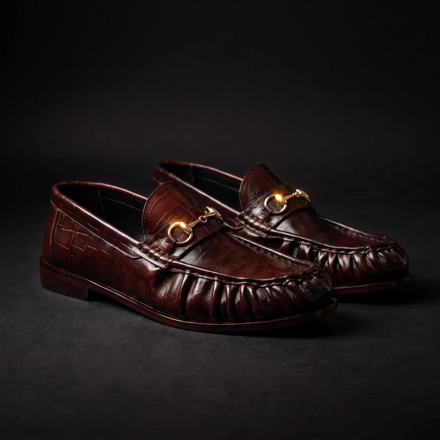Leather Croc Horsebit Vintage Loafers - Burgundy