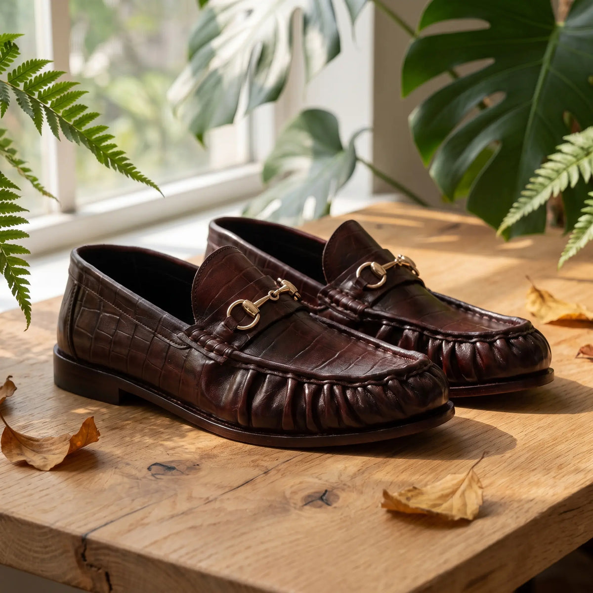 Leather Croc Horsebit Vintage Loafers - Burgundy
